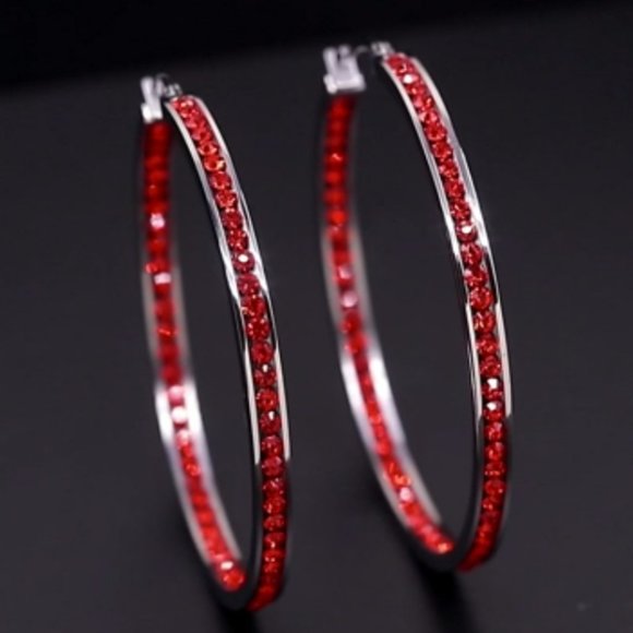 Bright Red Rhinestone Silver Hoop Earrings Big Sparkle Crystal Channel Hoops New - Picture 6 of 12